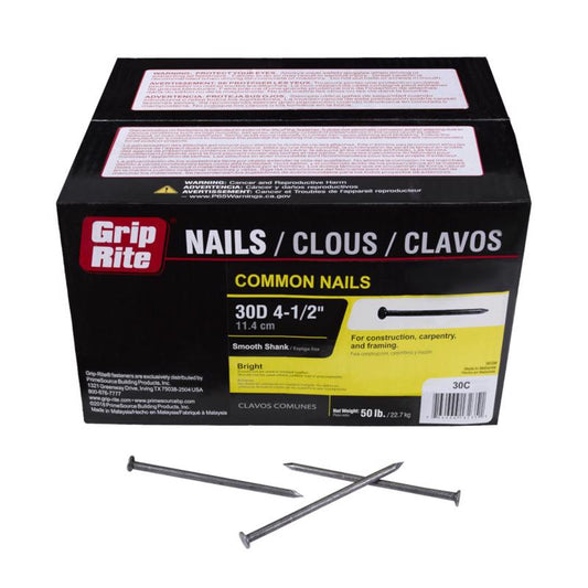 Grip-Rite 30D 4-1/2 in. Common Bright Steel Nail Flat Head 50 lb