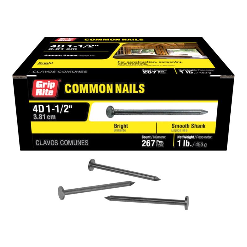 Grip-Rite 4D 1-1/2 in. Common Bright Steel Nail Flat Head 1 lb