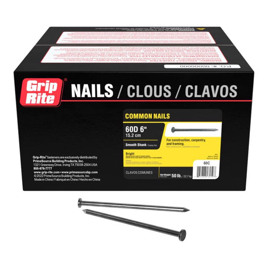 Grip-Rite 60D 6 in. Common Bright Steel Nail Flat Head 50 lb