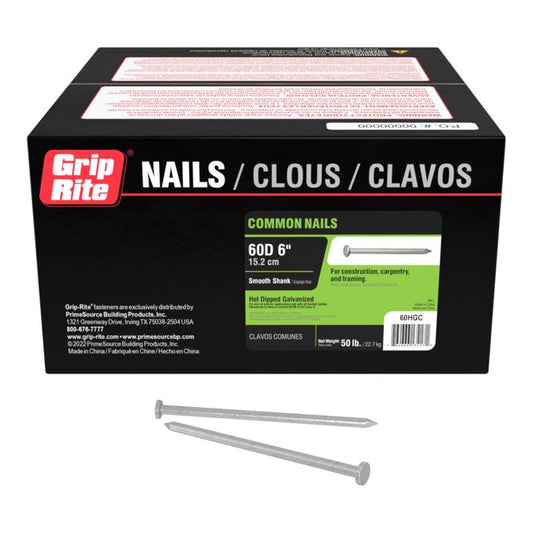 Grip-Rite 60D 6 in. Common Hot-Dipped Galvanized Steel Nail Flat Head 50 lb