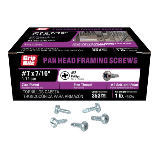 Grip-Rite No. 7 wire X 7/16 in. L Phillips Pan Head Fine Framing Screws