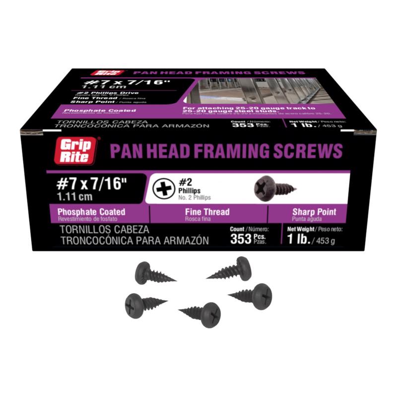Grip-Rite No. 7 wire X 7/16 in. L Phillips Pan Head Fine Framing Screws