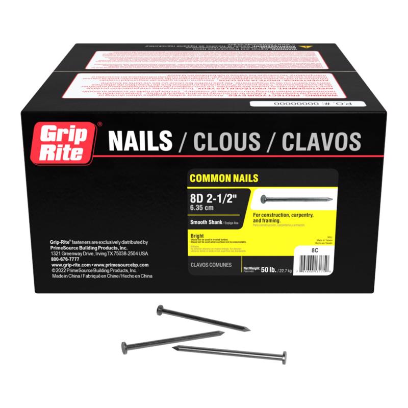 Grip-Rite 8D 2-1/2 in. Common Bright Steel Nail Flat Head 50 lb
