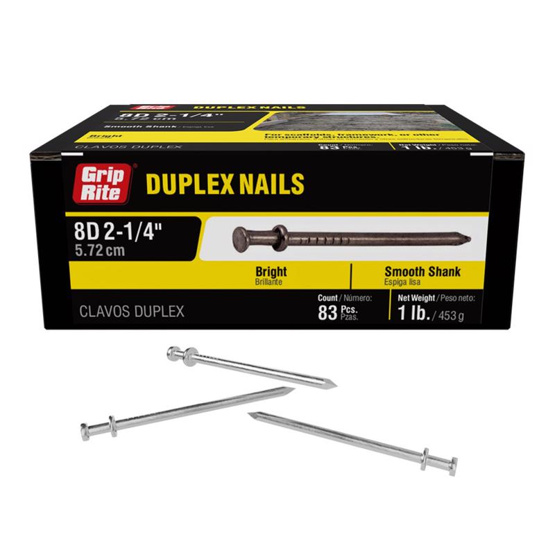 Grip-Rite 8D 2-1/4 in. Duplex Bright Steel Nail Double Head 1 lb