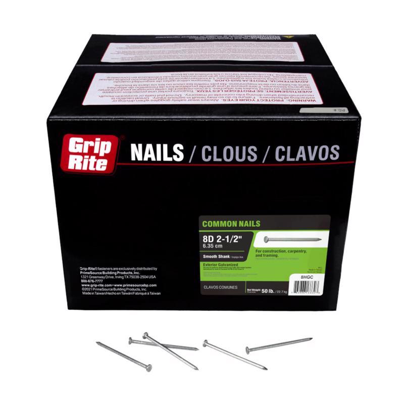Grip-Rite 8D 2-1/2 in. Common Hot-Dipped Galvanized Steel Nail Flat Head 50 lb