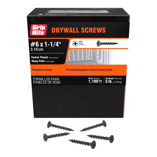 Grip-Rite No. 6 wire X 1-1/4 in. L Phillips Coarse Drywall Screws 5 lb 1290 pk