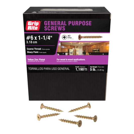 Grip-Rite No. 6 X 1-1/4 in. L Phillips Yellow Zinc Coarse Wood Screws 1190 pk