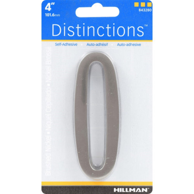 HILLMAN Distinctions 4 in. Silver Zinc Die-Cast Self-Adhesive Number 0 1 pc