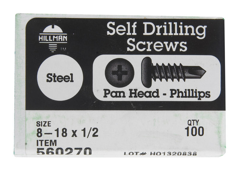HILLMAN No. 8 Ga. X 1/2 in. L Phillips Pan Head Self-Drilling Screws 100 pk