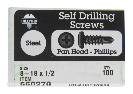 HILLMAN No. 8 Ga. X 1/2 in. L Phillips Pan Head Self-Drilling Screws 100 pk