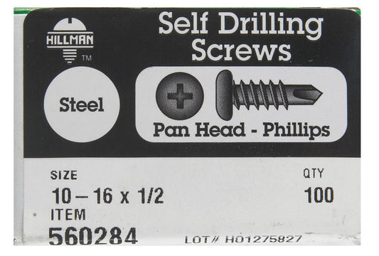 HILLMAN No. 10-16 Ga. X 1/2 in. L Phillips Pan Head Self-Drilling Screws 100 pk