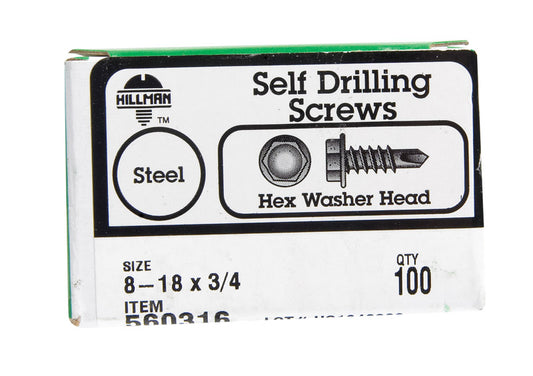 HILLMAN No. 8 Ga. X 3/4 in. L Hex Hex Washer Head Self-Drilling Screws 100 pk