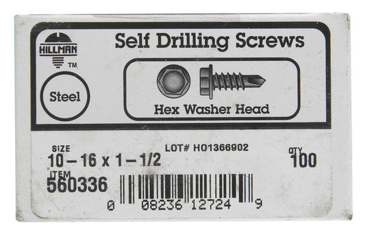 HILLMAN No. 10-16 Ga. X 1-1/2 in. L Hex Hex Washer Head Sheet Metal Screws 100 pk