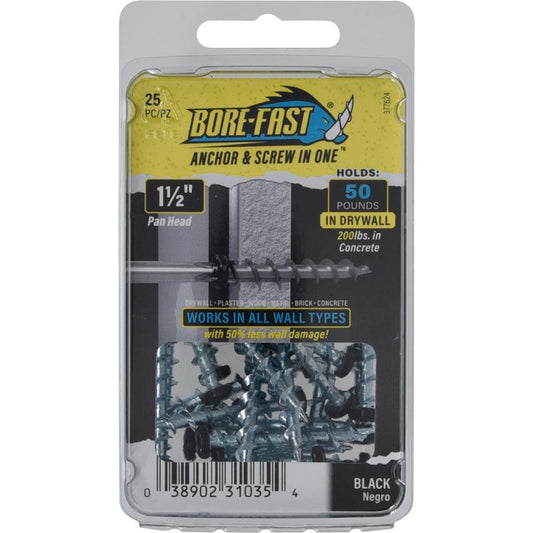 HILLMAN Bore-fast 3/16 in. D X 1-1/2 in. L Steel Pan Head Screw and Anchor 25 pc