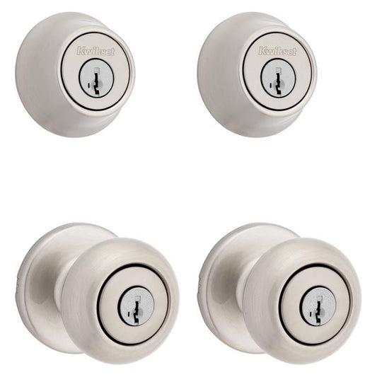 Kwikset SmartKey Security Classic Satin Nickel Entry Knob and Single Cylinder Deadbolt KW1 2-3/4 in.