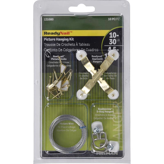 HILLMAN ReadyNail Polished Brass Gold Picture Hanging Kit 30 lb 10 pc