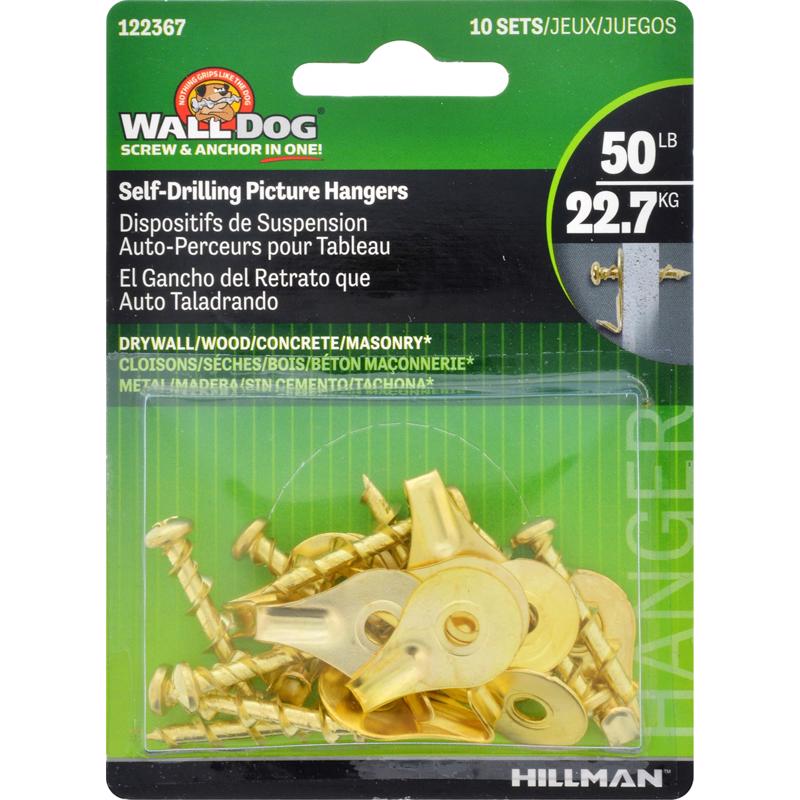 HILLMAN Wall Dog Brass-Plated Gold Self-Drilling Picture Hanger 50 lb 2 pk