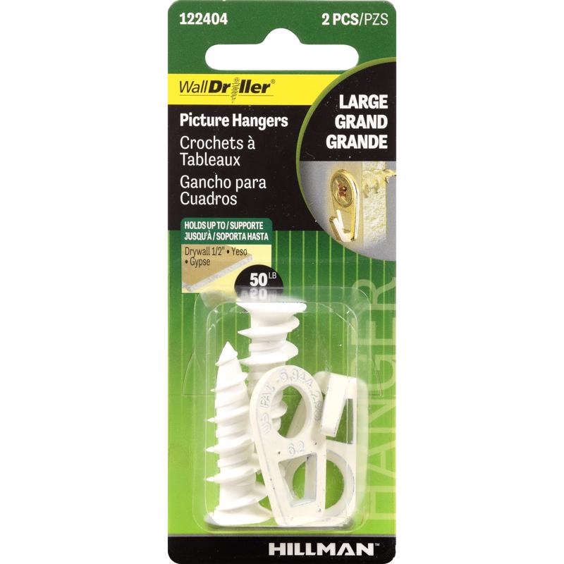 HILLMAN White Self-Drilling Picture Hanger 50 lb 2 pk