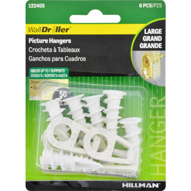 HILLMAN Wall Driller White Self-Drilling Picture Hanger 50 lb 6 pc