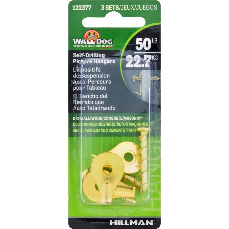 HILLMAN Wall Dog Brass-Plated Gold Self-Drilling Picture Hanger 50 lb 2 pk