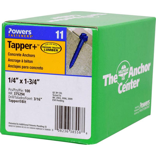 HILLMAN Tapper 1/4 in. D X 1.75 in. L Carbon Steel Hex Head Concrete Screw Anchor 100 pk