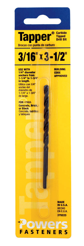 HILLMAN Tapper 3/16 in. X 3-1/2 in. L Carbon Steel Drill Bit Straight Shank 1 pc