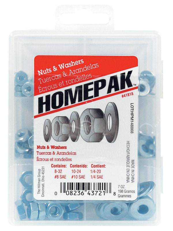 HILLMAN Zinc-Plated Steel Various Sizes Nut and Washer Kit 6 pk