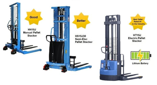 Racforce Pallet Stackers That Are Manual, Semi-Electric And Full Electric W/Adjustable Base Legs