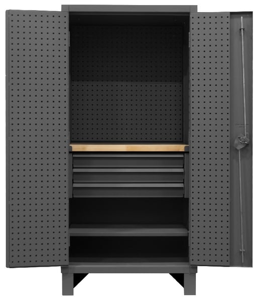 Durham Heavy Duty Cabinet with Pegboard Doors, Drawers, 1 Shelf & Butcherblock Work Surface