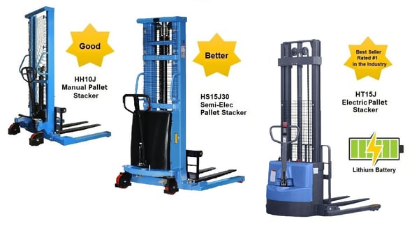 Pallet Stackers That Are Manual, Semi-Electric And Full Electric W/Adjustable Base Legs