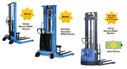 Pallet Stackers That Are Manual, Semi-Electric And Full Electric W/Adjustable Base Legs