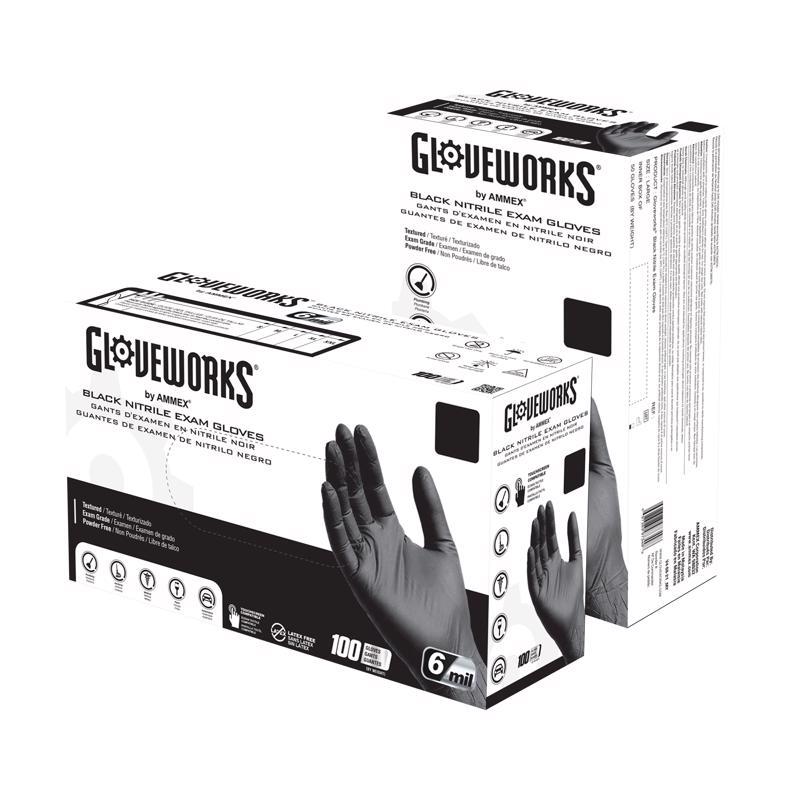 Ammex Gloveworks Nitrile Disposable Exam Gloves X-Large Black Powder Free 100 pc