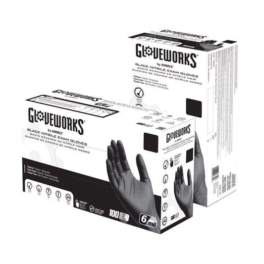 Ammex Gloveworks Nitrile Disposable Exam Gloves X-Large Black Powder Free 100 pc