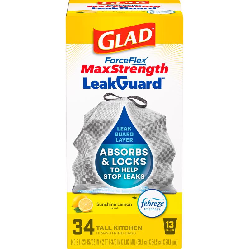 Glad LeakGuard 13 gal Lemon Kitchen Trash Bags Drawstring 34 pk