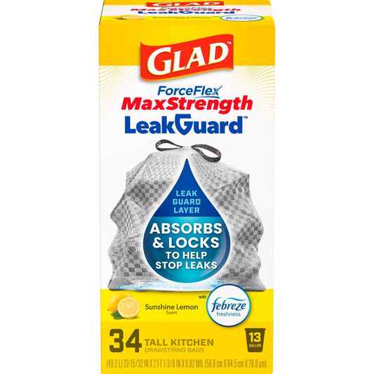 Glad LeakGuard 13 gal Lemon Kitchen Trash Bags Drawstring 34 pk