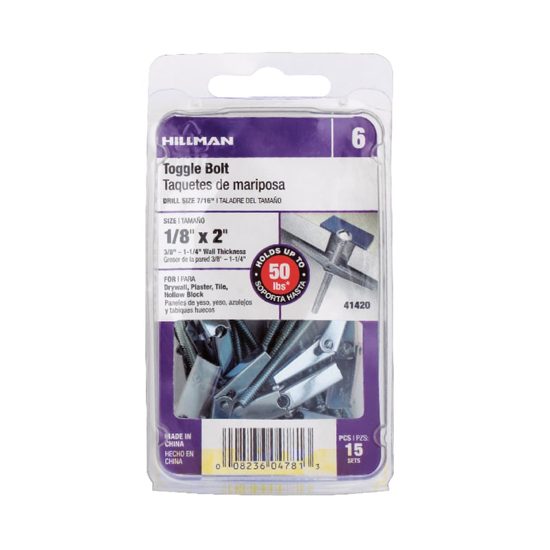 HILLMAN 1/8 in. D X 2 in. L Round Zinc-Plated Steel Toggle Bolt 15 pk