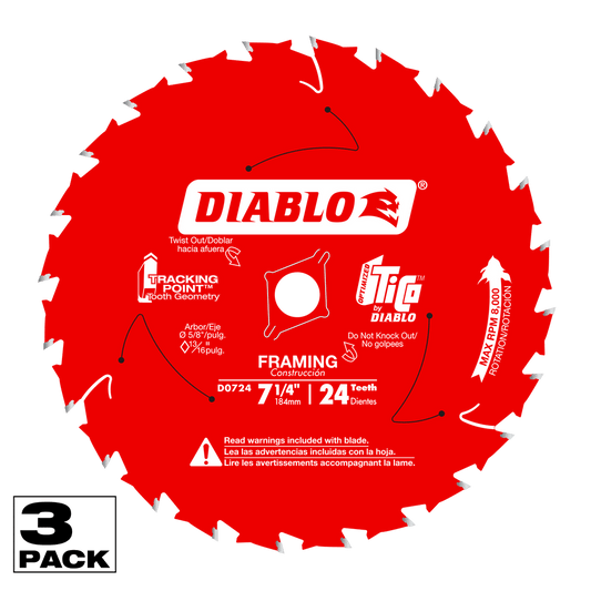 Diablo Tracking Point 7-1/4 in. D X 5/8 in. TiCo Hi-Density Carbide Framing Saw Blade 24 teeth 3 pk