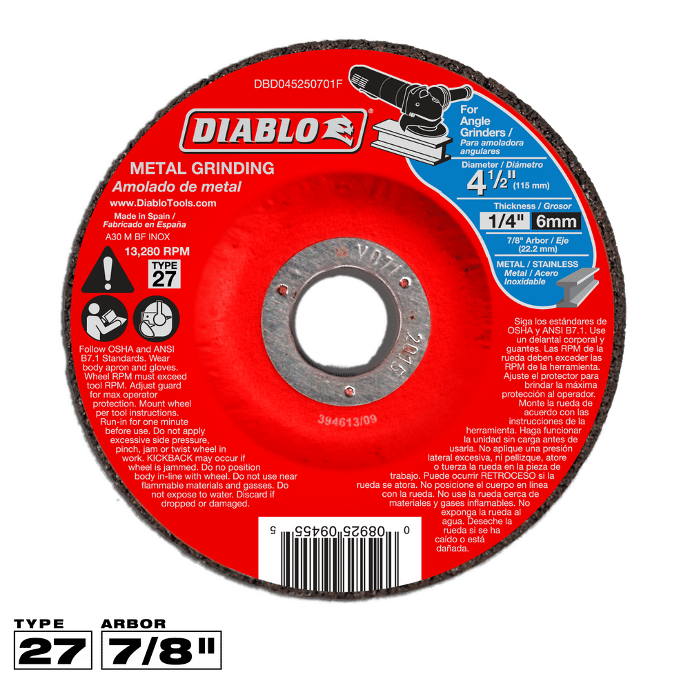 Diablo 4-1/2 in. D X 7/8 in. X 1/4 in. thick Aluminum Oxide Metal Grinding Disc 1 pc