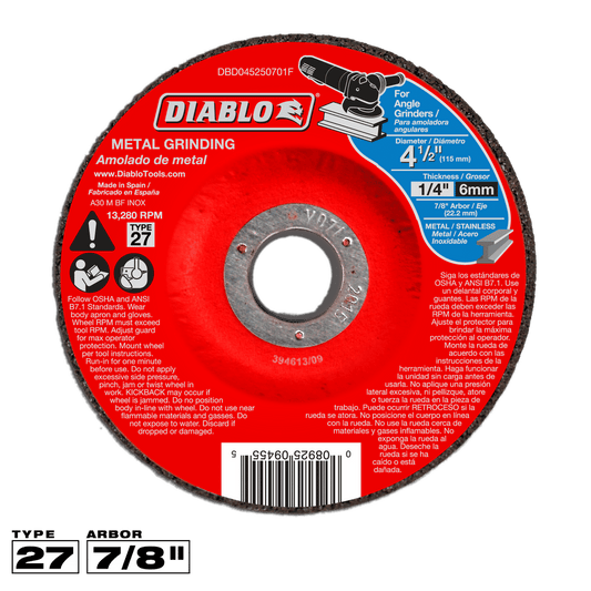 Diablo 4-1/2 in. D X 7/8 in. X 1/4 in. thick Aluminum Oxide Metal Grinding Disc 1 pc