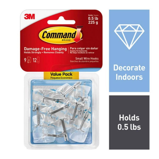 3M Command Small Plastic Wire Hooks Clear 1.625 in 9-Pack Mfr 17067CLR-9ES