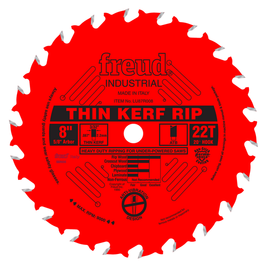 Freud 8 in. D X 5/8 in. Thin Kerf Rip TiCo Hi-Density Carbide Table Saw Blade 22 teeth 1 pk