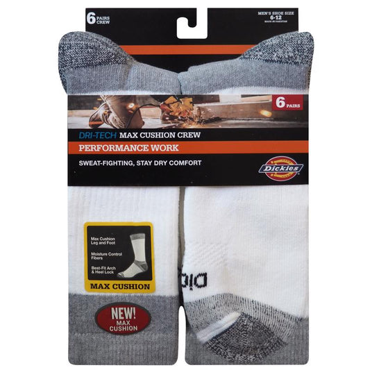Dickies Dri-Tech Men's 6-12 Cushion Crew Socks White