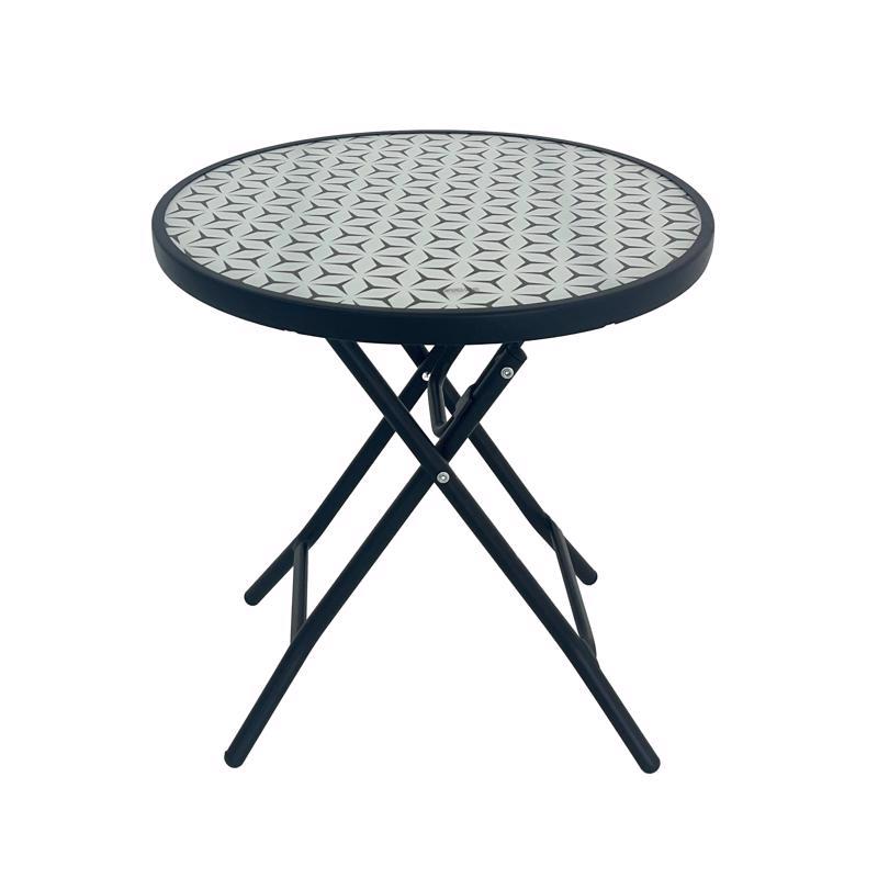 Living Accents Patterned Top Black Round Glass Folding Side Table