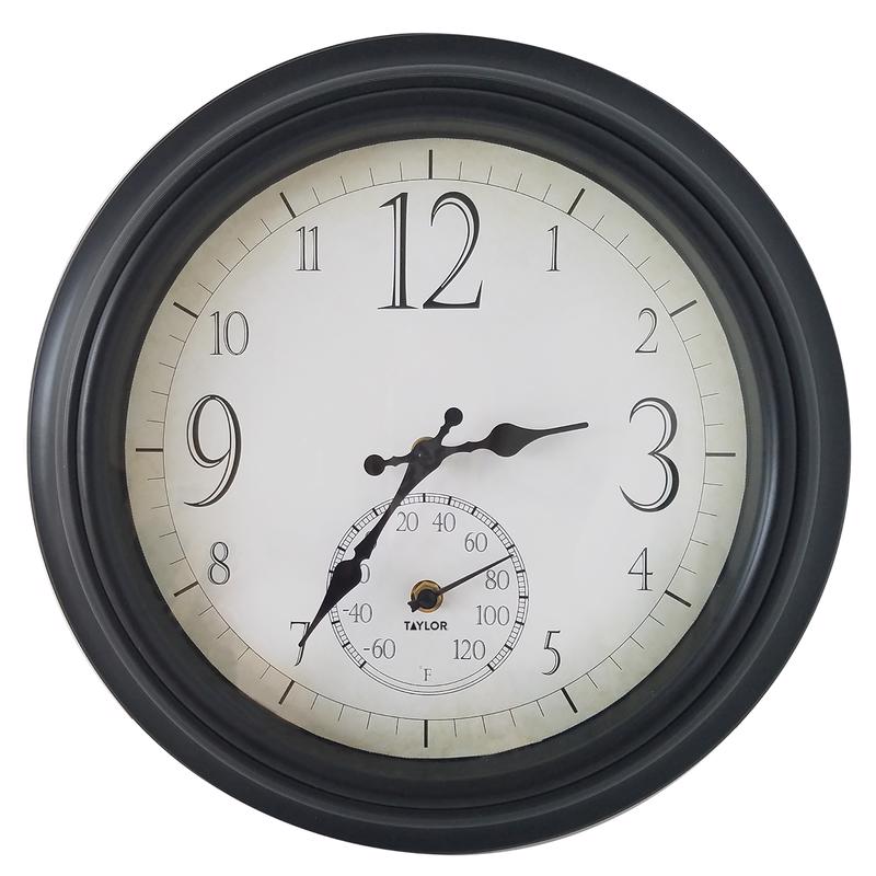 Taylor Clock/Thermometer Plastic Black 14 in.