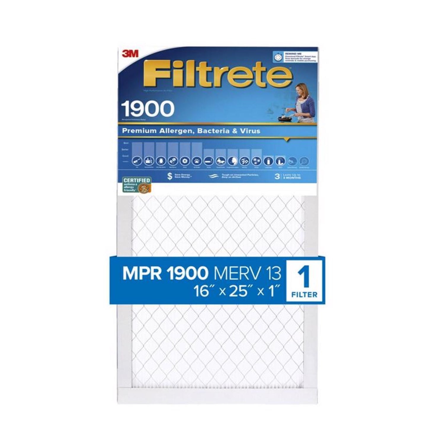 Filtrete 16 in. W X 25 in. H X 1 in. Polypropylene 1900 MPR Pleated Allergen Air Filter 1 pk