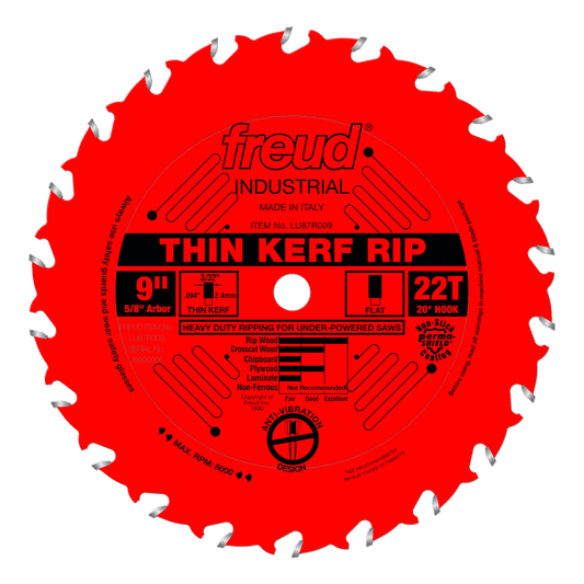 Freud 9 in. D X 5/8 in. Thin Kerf Rip TiCo Hi-Density Carbide Table Saw Blade 22 teeth 1 pk