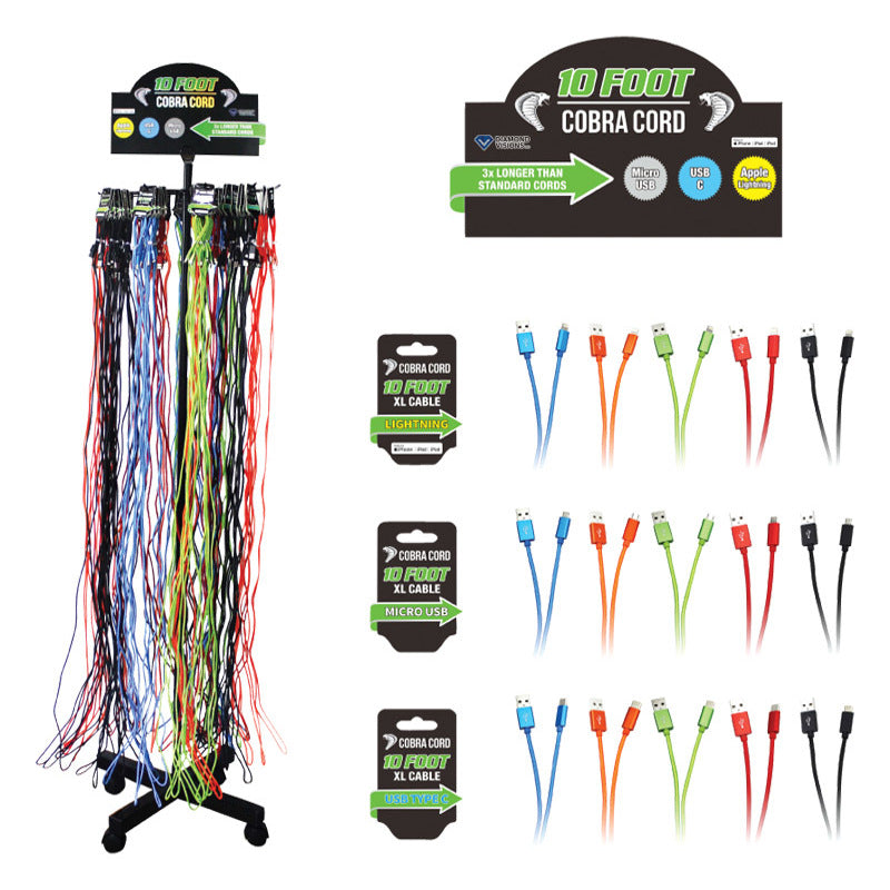 Diamond Visions Cobra Cord USB Charge and Sync Cable 10 ft. Assorted