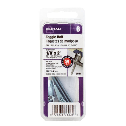 HILLMAN 1/8 in. D X 2 in. L Round Zinc-Plated Steel Toggle Bolt 2 pk