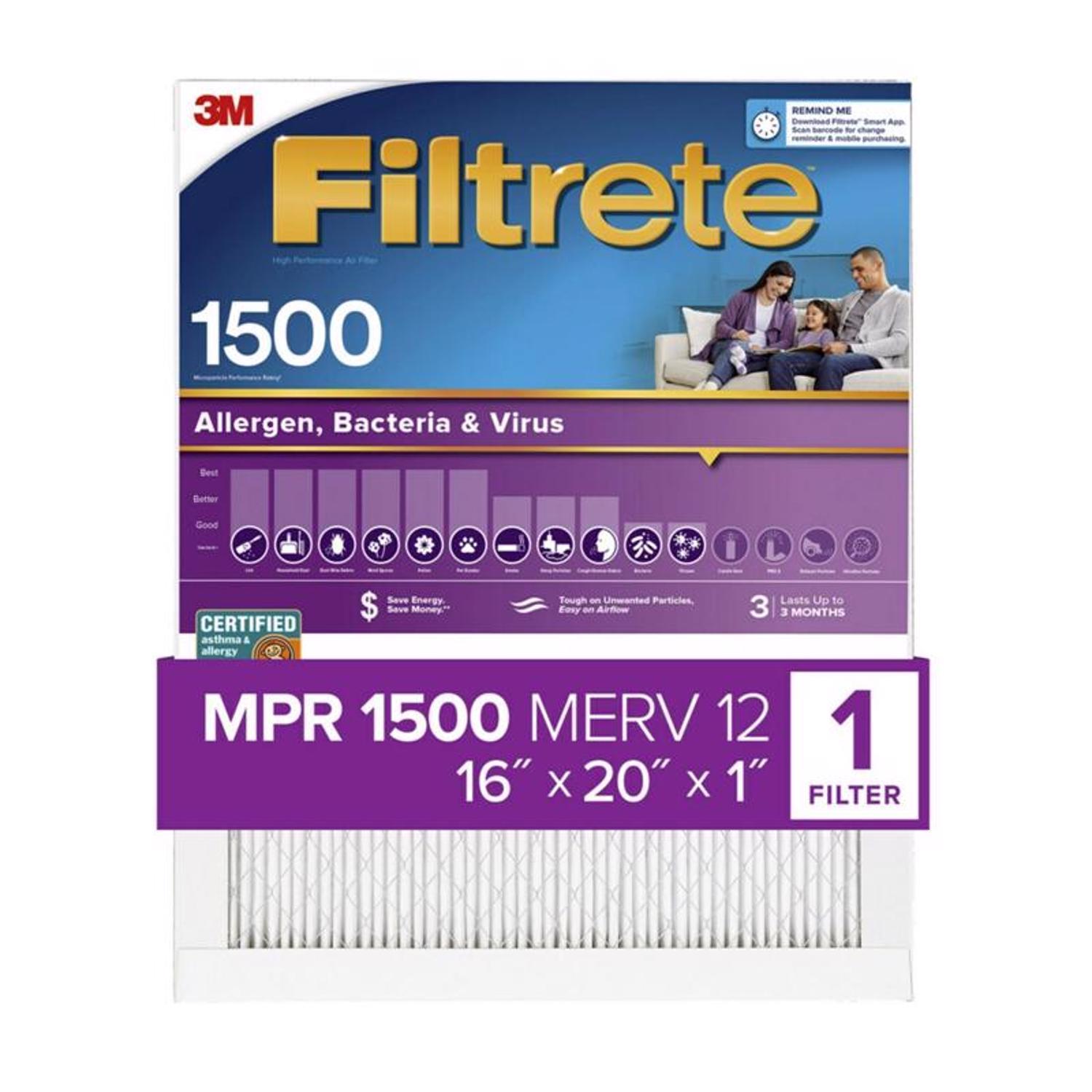 Filtrete 16 in. W X 20 in. H X 1 in. 1500 MPR Pleated Allergen Air Filter 1 pk