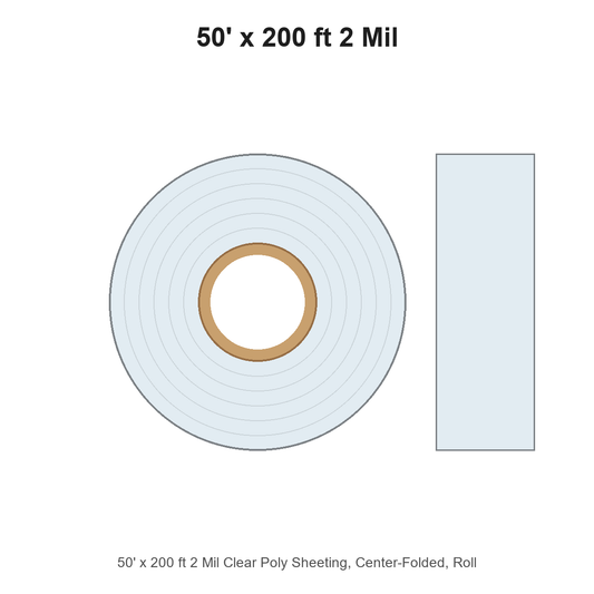 50' x 200 ft 2 Mil Clear Poly Sheeting, Center-Folded, Roll